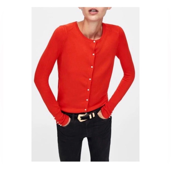 ZARA KNIT Red Pearl Button Cardigan Sweater - Coral Red Size S - Picture 7 of 10